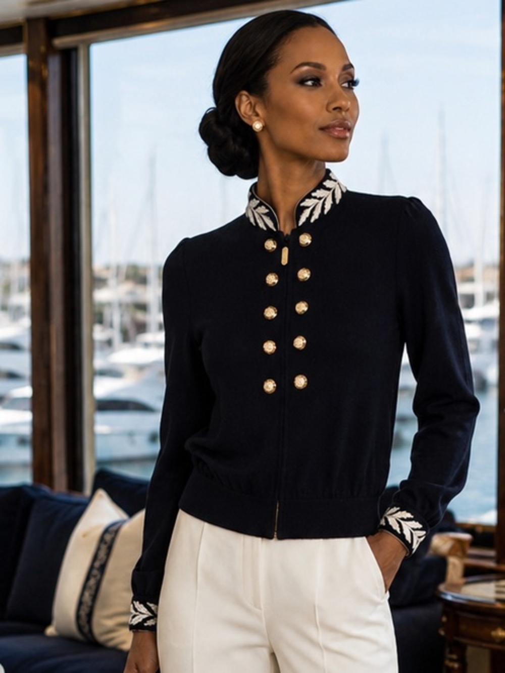 St. John Collection Embroidered Military-Style Knit Captain Jacket – Size M